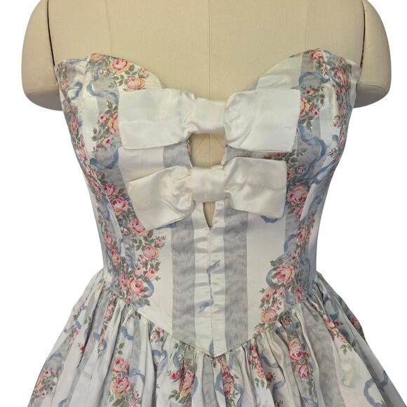 Gunne Sax Vintage 80s Strapless Satin Princess Dress Size 9 Floral Stripe Bows - Picture 4 of 10